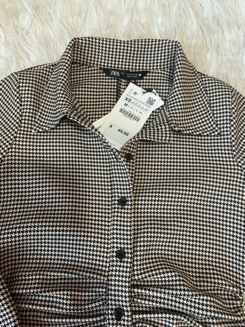 Zara Black and White Houndstooth Long-Sleeve Shirt Dress - Picture 2 of 6